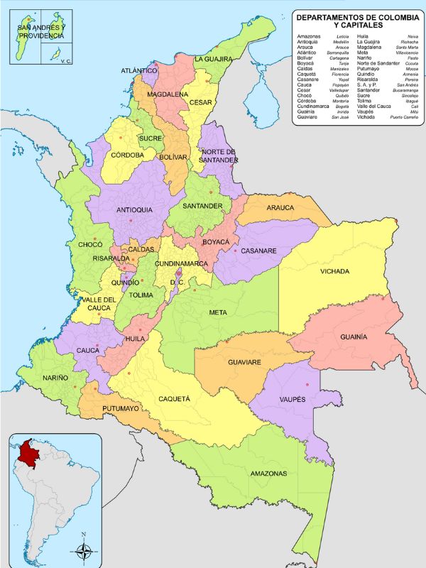 mapa de los departamentos de Colombia